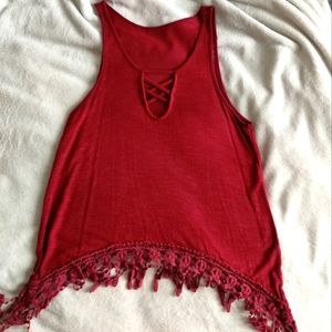Burgundy Wine Fringe Bohemian Gypsy Festival Cross Cross Tank Top Corset